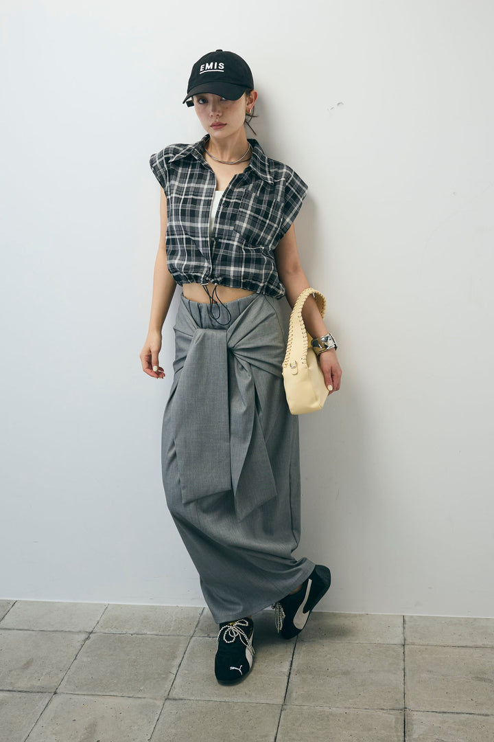 [予約/SET]シアーチェックショート丈ブラウス+フロントクロスタイトスカート(2set)