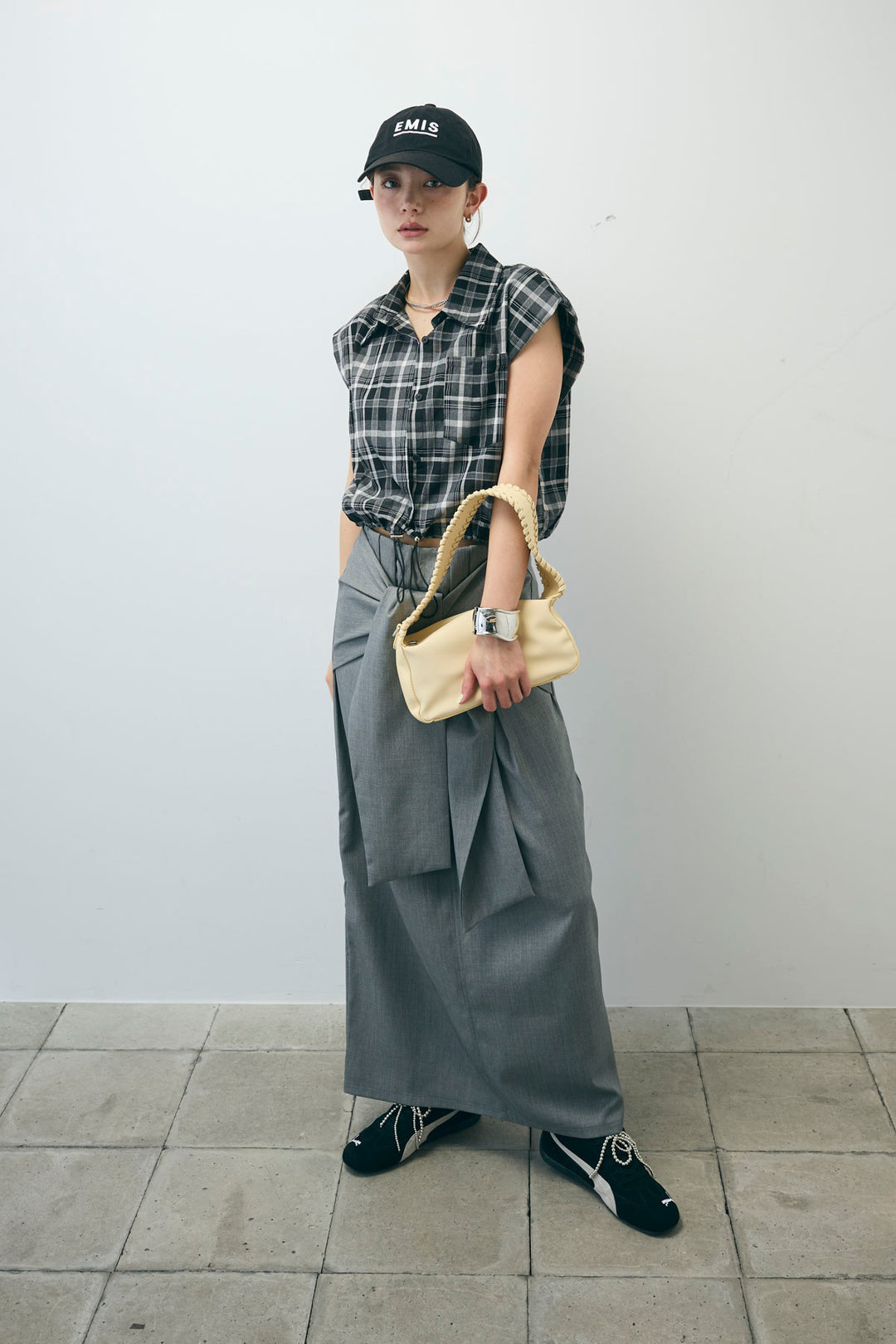 [予約/SET]シアーチェックショート丈ブラウス+フロントクロスタイトスカート(2set)