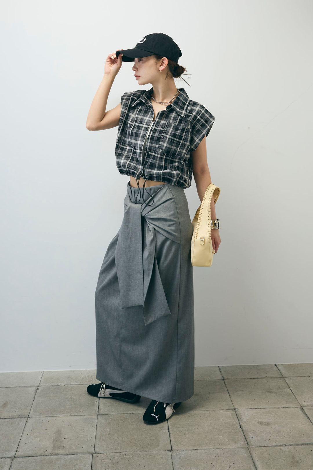 [予約/SET]シアーチェックショート丈ブラウス+フロントクロスタイトスカート(2set)