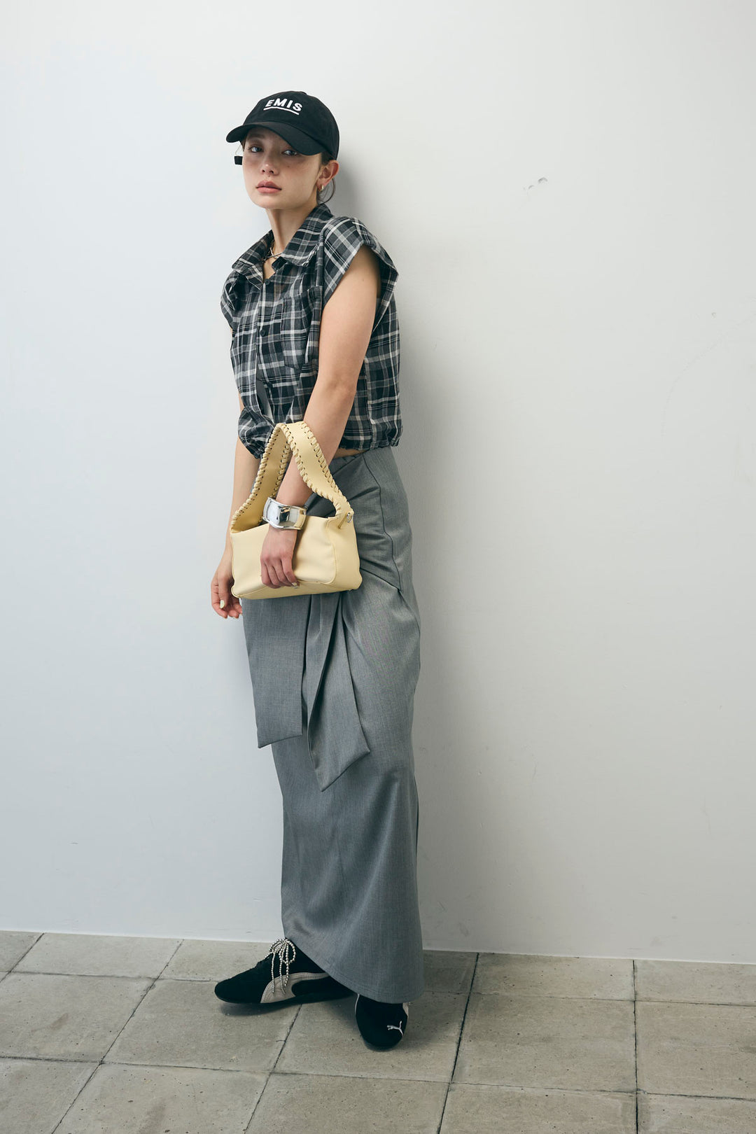 [予約/SET]シアーチェックショート丈ブラウス+フロントクロスタイトスカート(2set)