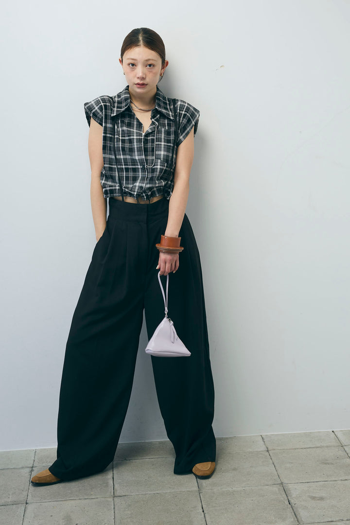 [予約/SET]シアーチェックショート丈ブラウス+クレープタックワイドサロペット(2set)