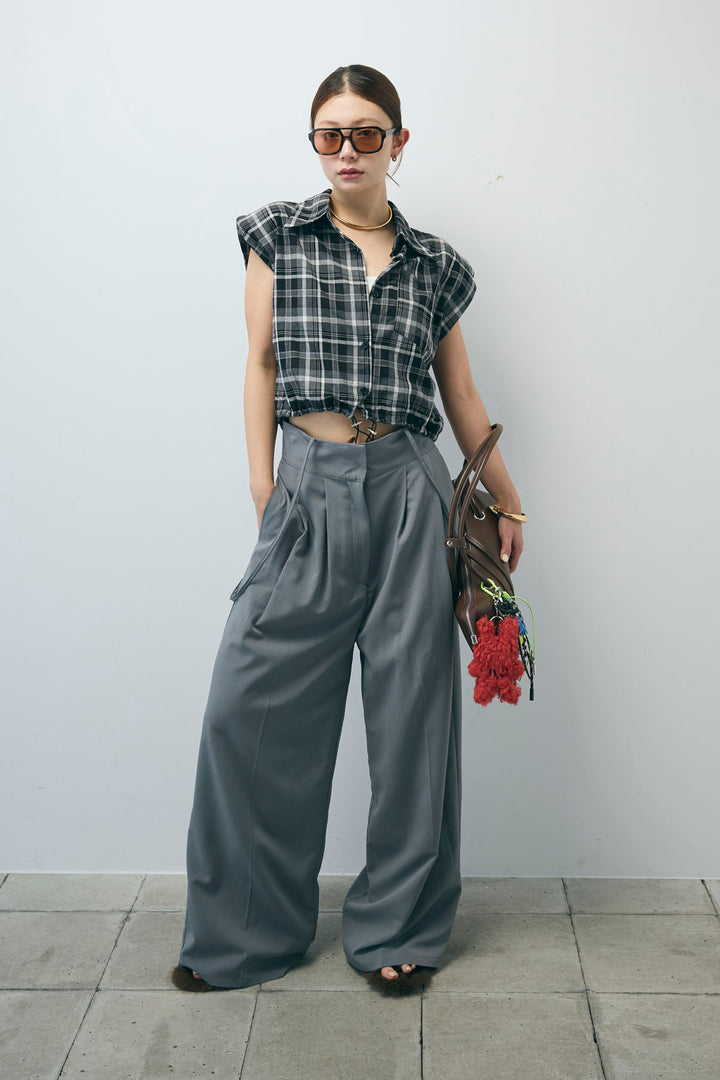 [予約/SET]シアーチェックショート丈ブラウス+クレープタックワイドサロペット(2set)