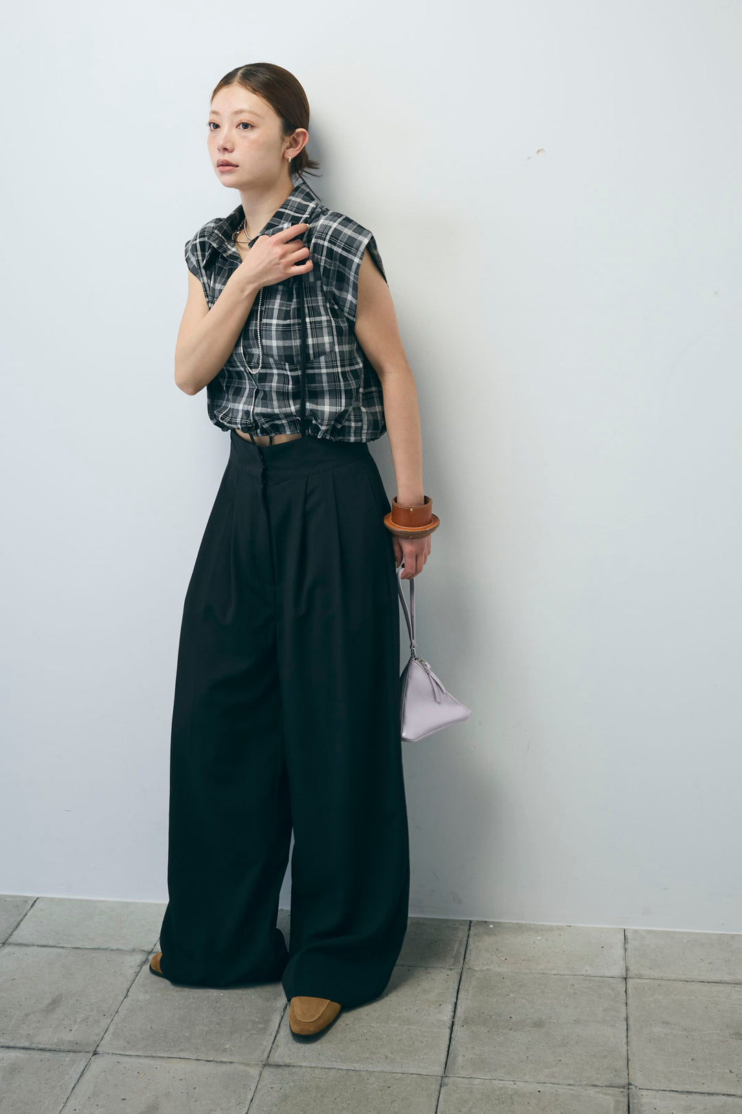 [予約/SET]シアーチェックショート丈ブラウス+クレープタックワイドサロペット(2set)