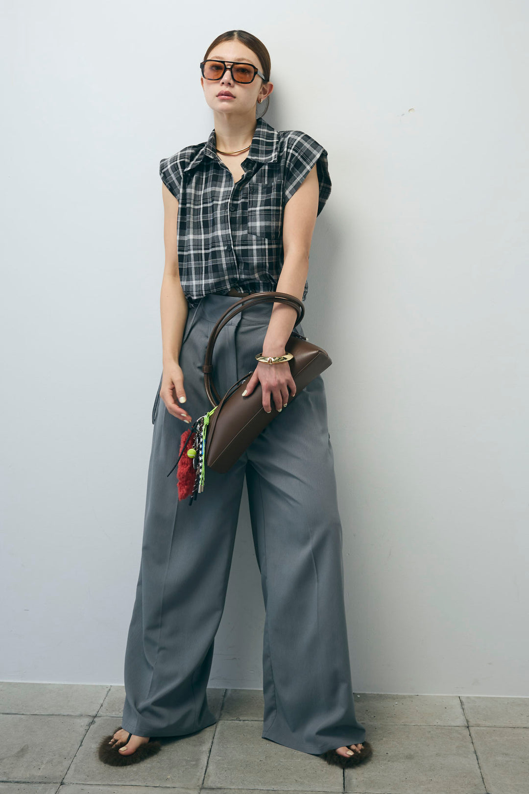 [予約/SET]シアーチェックショート丈ブラウス+クレープタックワイドサロペット(2set)