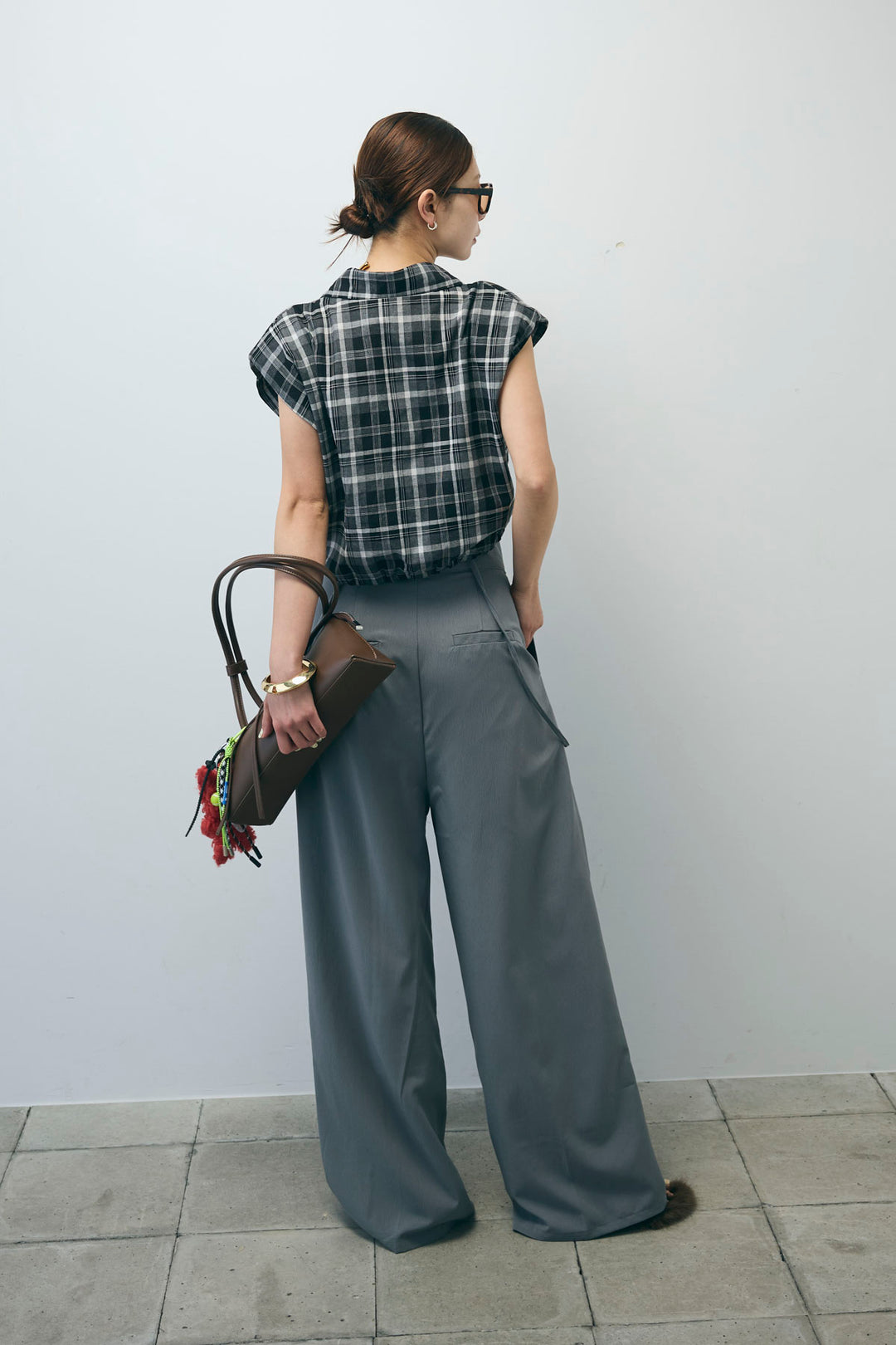 [予約/SET]シアーチェックショート丈ブラウス+クレープタックワイドサロペット(2set)