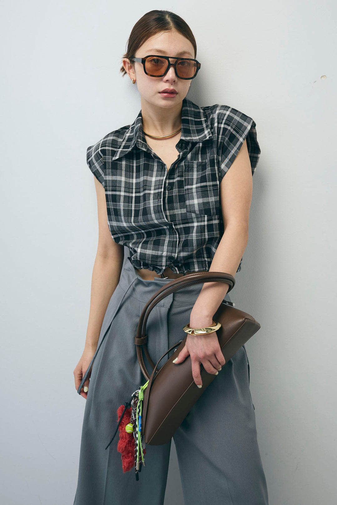 [予約/SET]シアーチェックショート丈ブラウス+クレープタックワイドサロペット(2set)