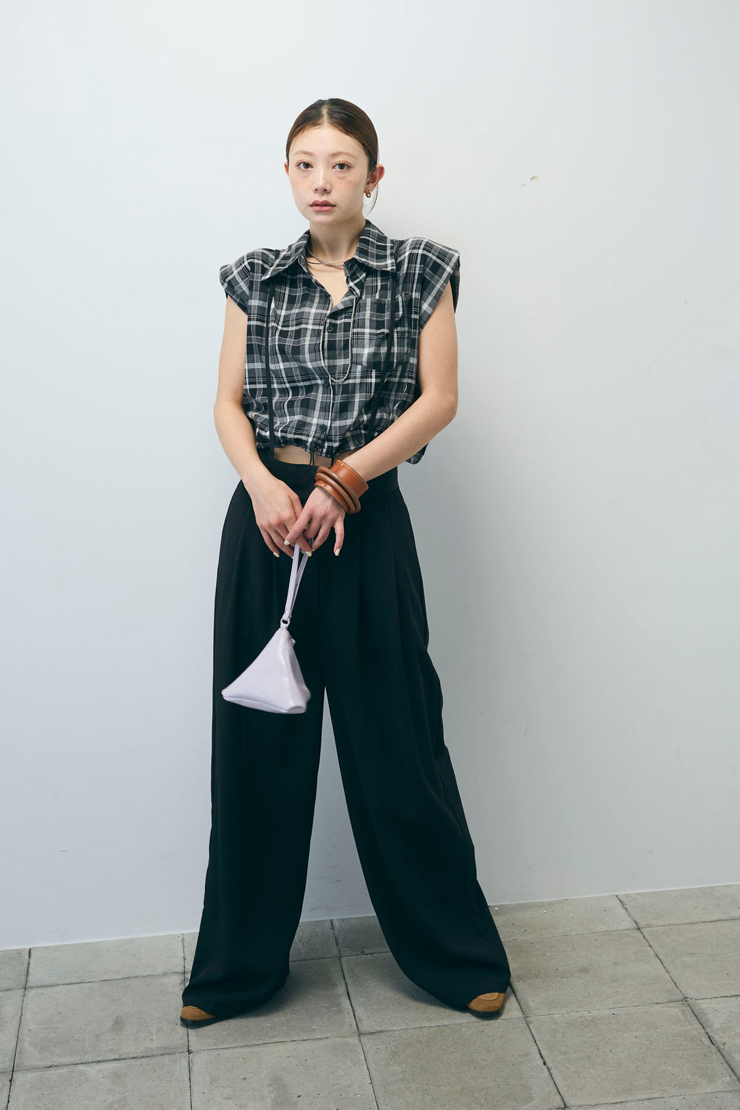 [予約/SET]シアーチェックショート丈ブラウス+クレープタックワイドサロペット(2set)