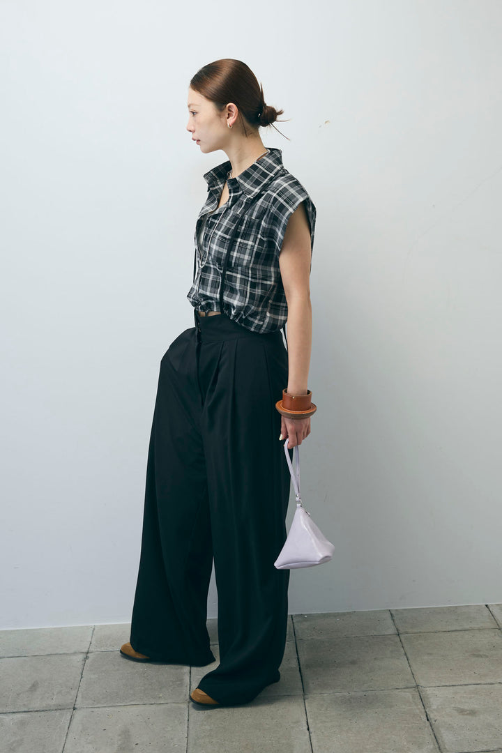 [予約/SET]シアーチェックショート丈ブラウス+クレープタックワイドサロペット(2set)