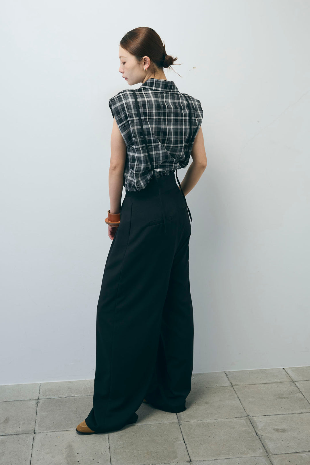 [予約/SET]シアーチェックショート丈ブラウス+クレープタックワイドサロペット(2set)