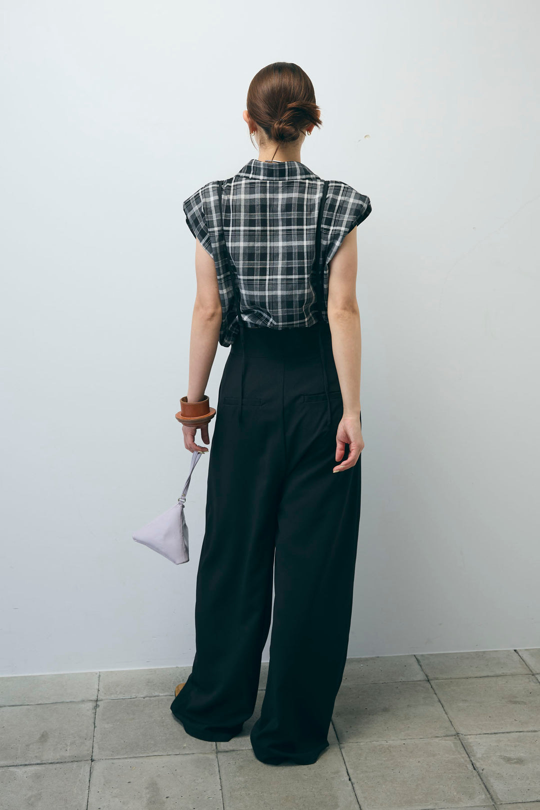 [予約/SET]シアーチェックショート丈ブラウス+クレープタックワイドサロペット(2set)