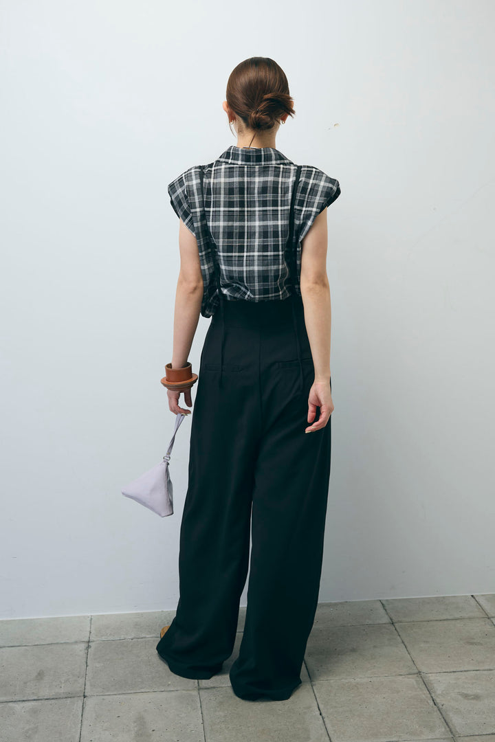 [予約/SET]シアーチェックショート丈ブラウス+クレープタックワイドサロペット(2set)