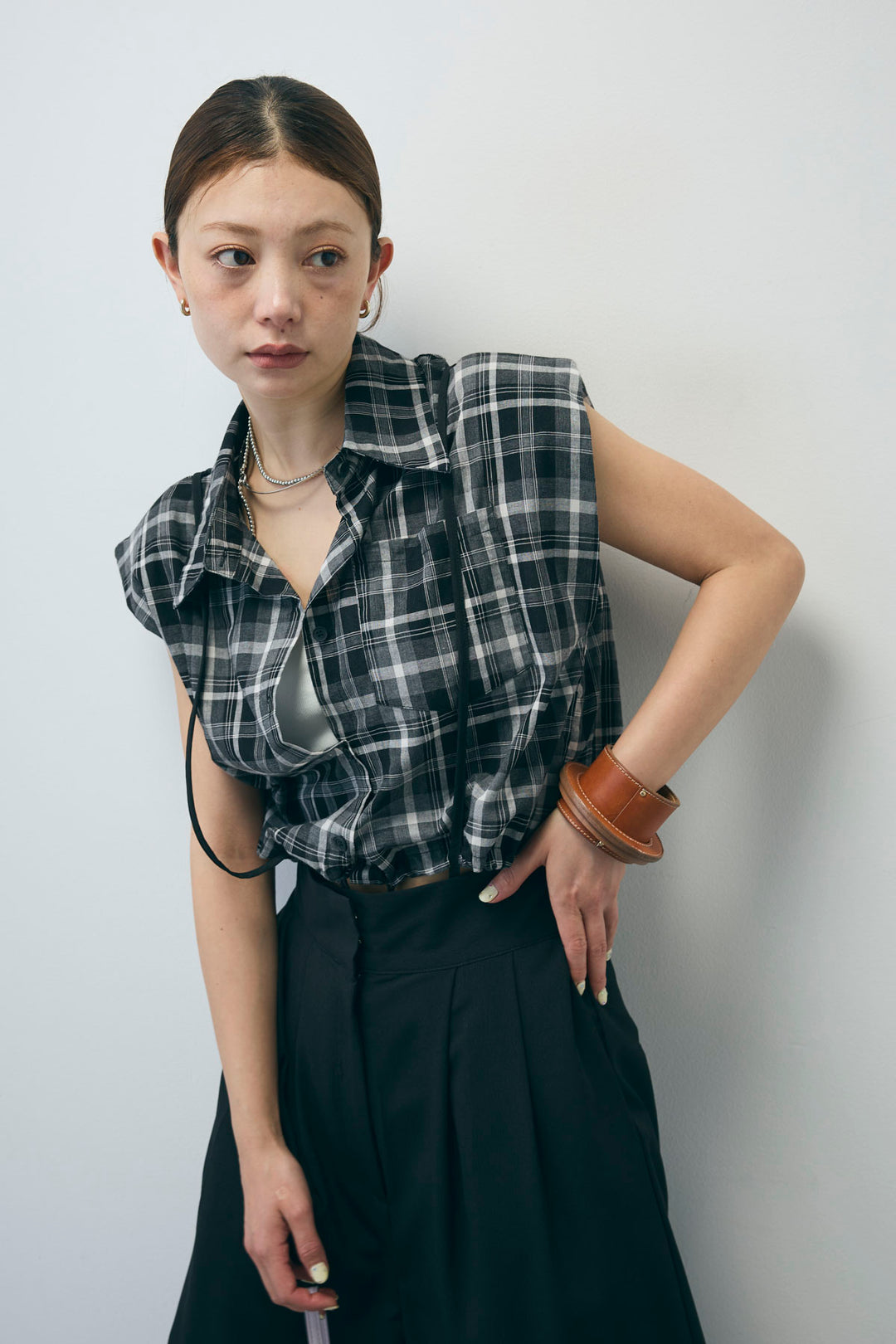 [予約/SET]シアーチェックショート丈ブラウス+クレープタックワイドサロペット(2set)