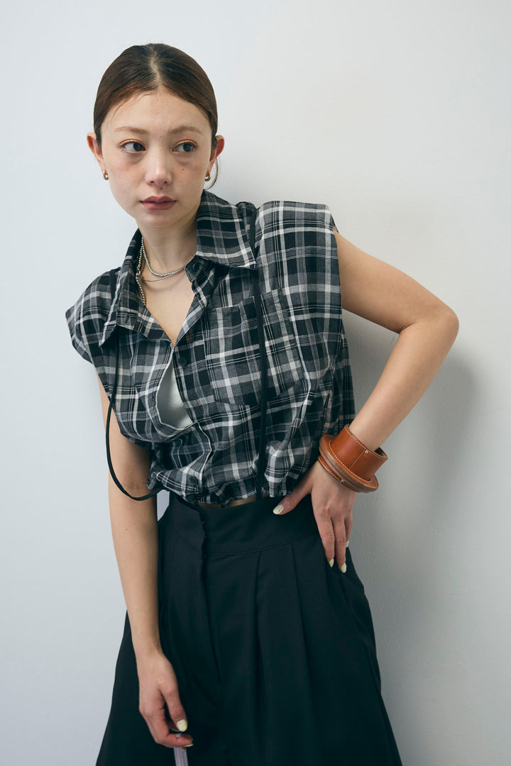 [予約/SET]シアーチェックショート丈ブラウス+クレープタックワイドサロペット(2set)