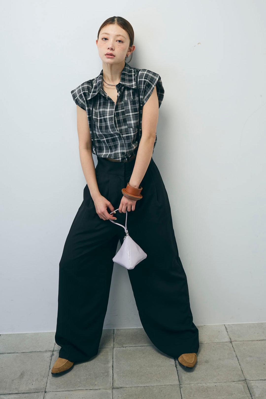 [予約/SET]シアーチェックショート丈ブラウス+クレープタックワイドサロペット(2set)