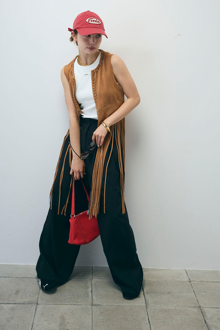 [予約/SET]スウェードライクロングフリンジジレ+ネーム入りアメスリタンク+クレープタックワイドサロペット(3set)