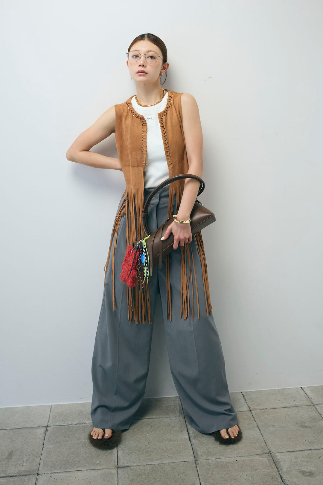 [予約/SET]スウェードライクロングフリンジジレ+ネーム入りアメスリタンク+クレープタックワイドサロペット(3set)