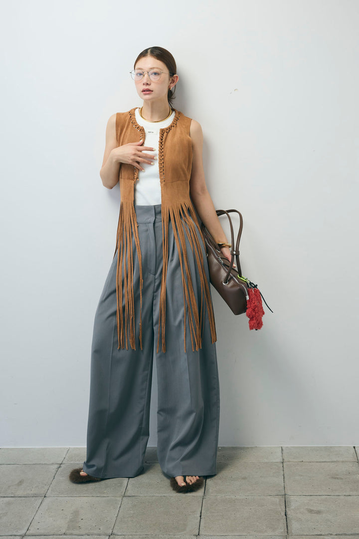 [予約/SET]スウェードライクロングフリンジジレ+クレープタックワイドサロペット(2set)