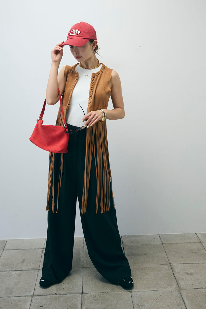 [予約/SET]スウェードライクロングフリンジジレ+ネーム入りアメスリタンク+クレープタックワイドサロペット(3set)