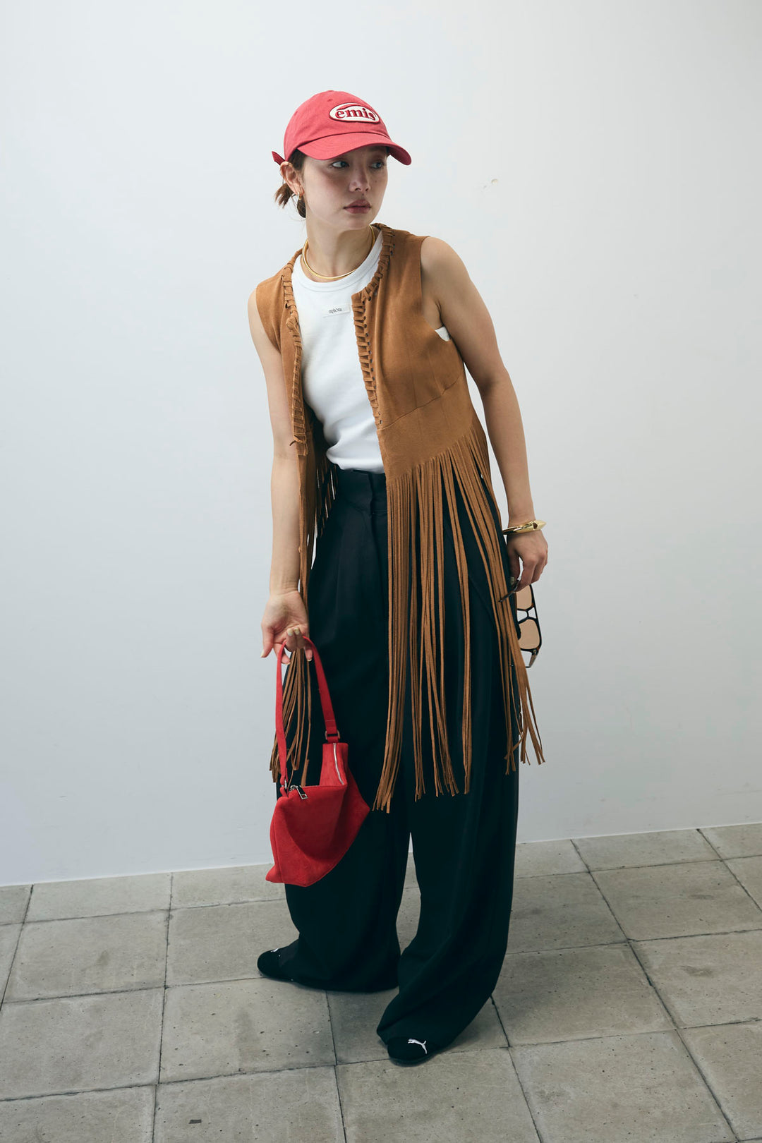 [予約/SET]スウェードライクロングフリンジジレ+クレープタックワイドサロペット(2set)