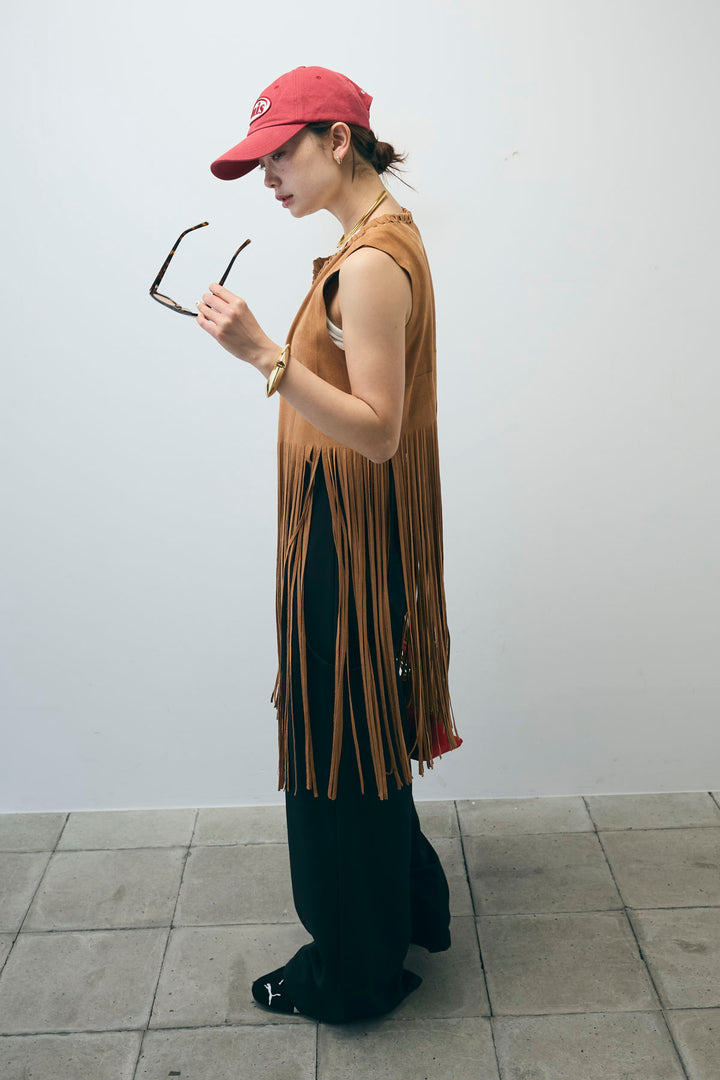 [予約/SET]スウェードライクロングフリンジジレ+ネーム入りアメスリタンク+クレープタックワイドサロペット(3set)