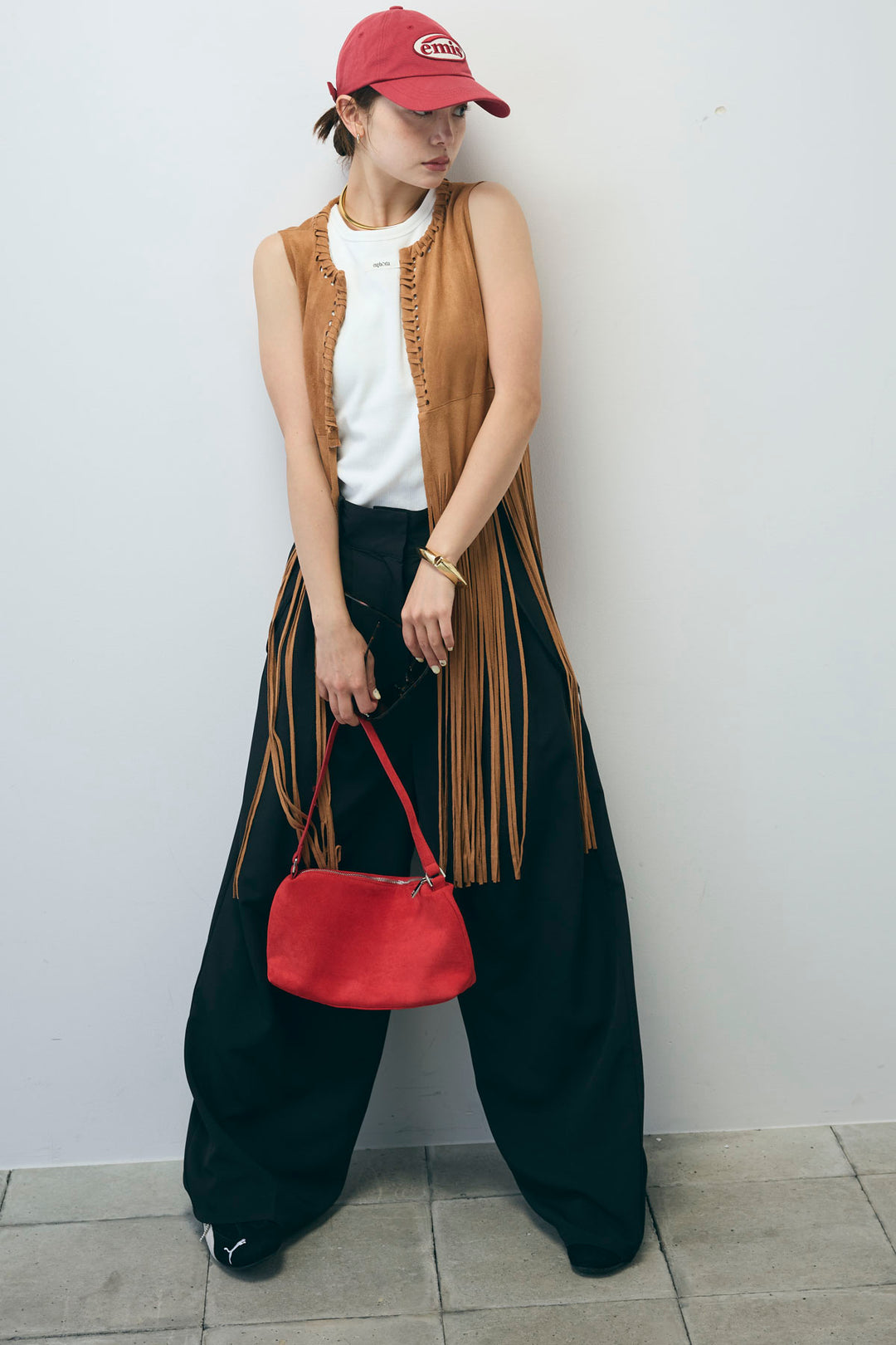 [予約/SET]スウェードライクロングフリンジジレ+ネーム入りアメスリタンク+クレープタックワイドサロペット(3set)