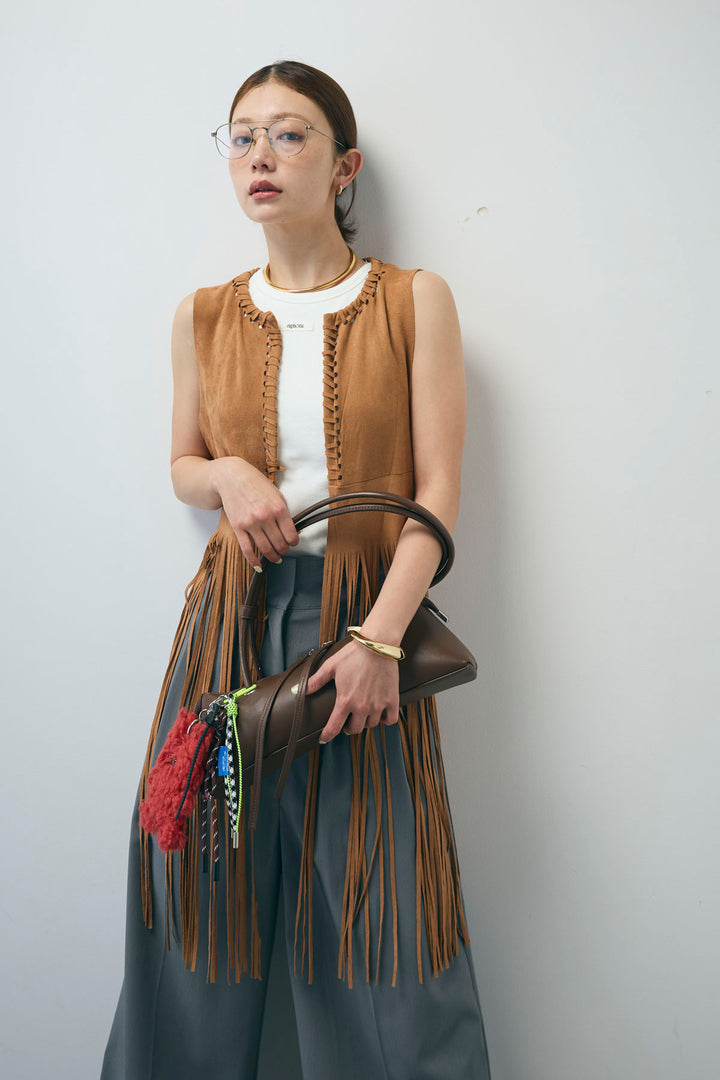 [予約/SET]スウェードライクロングフリンジジレ+ネーム入りアメスリタンク+クレープタックワイドサロペット(3set)