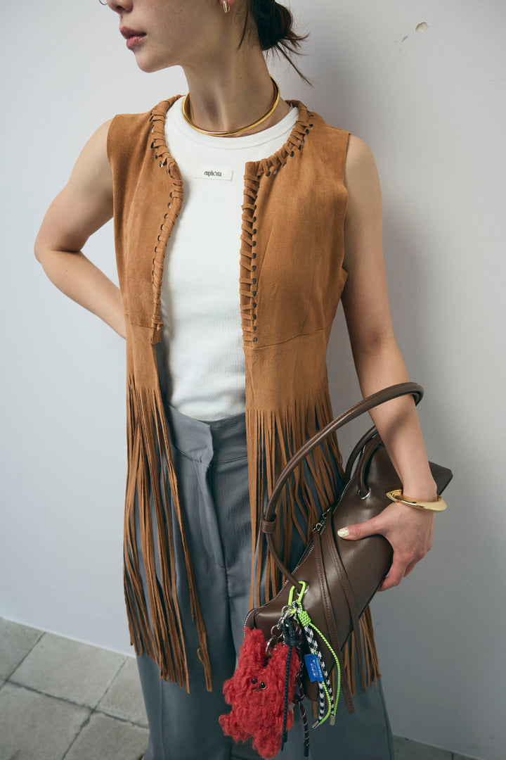 [予約/SET]スウェードライクロングフリンジジレ+ネーム入りアメスリタンク+クレープタックワイドサロペット(3set)