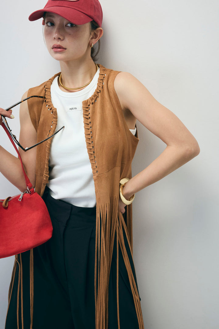 [予約/SET]スウェードライクロングフリンジジレ+ネーム入りアメスリタンク+クレープタックワイドサロペット(3set)