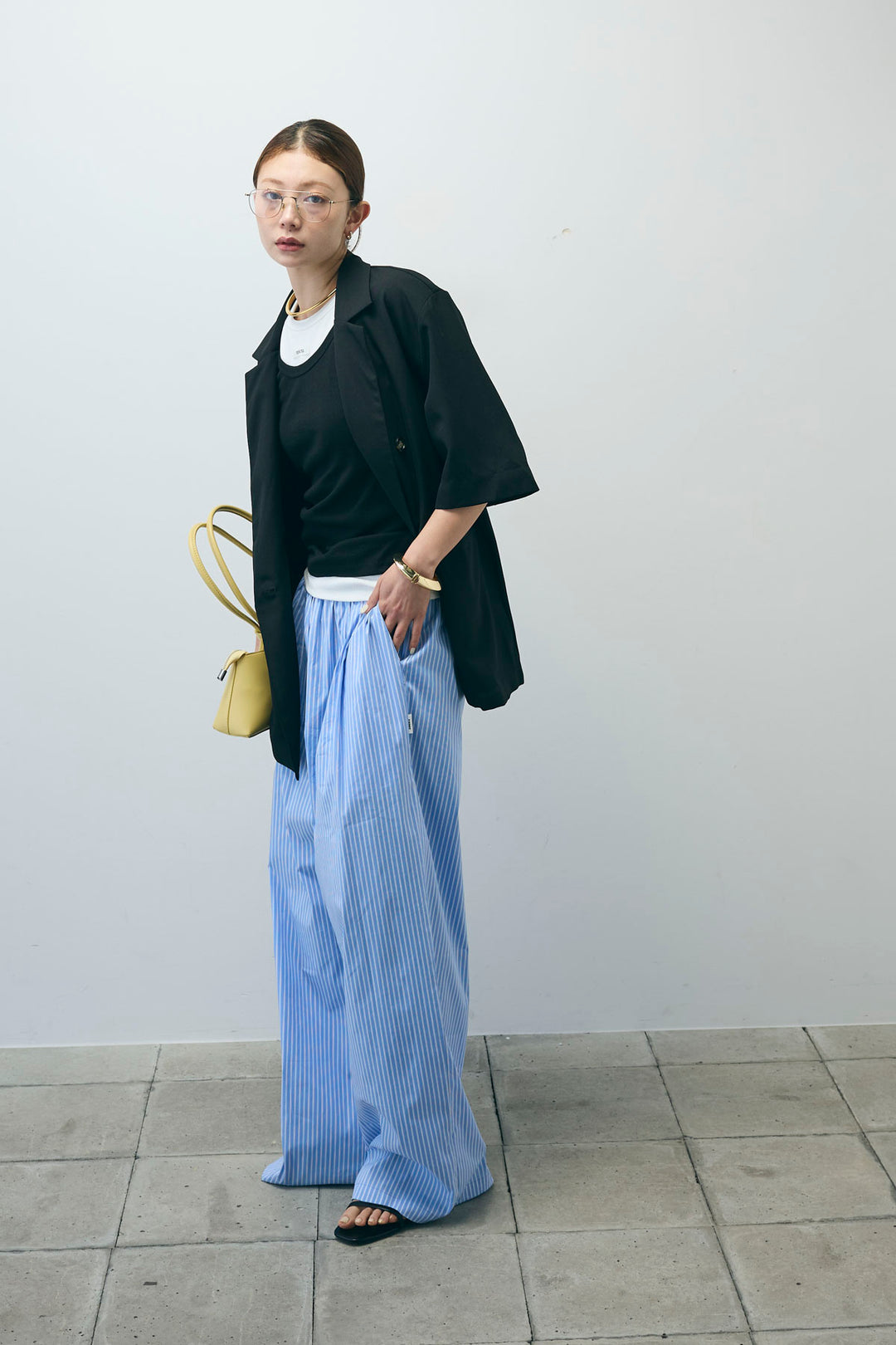 [予約/SET]半袖ダブルテーラードJK+ストライプ イージー ワイド パンツ(2set)