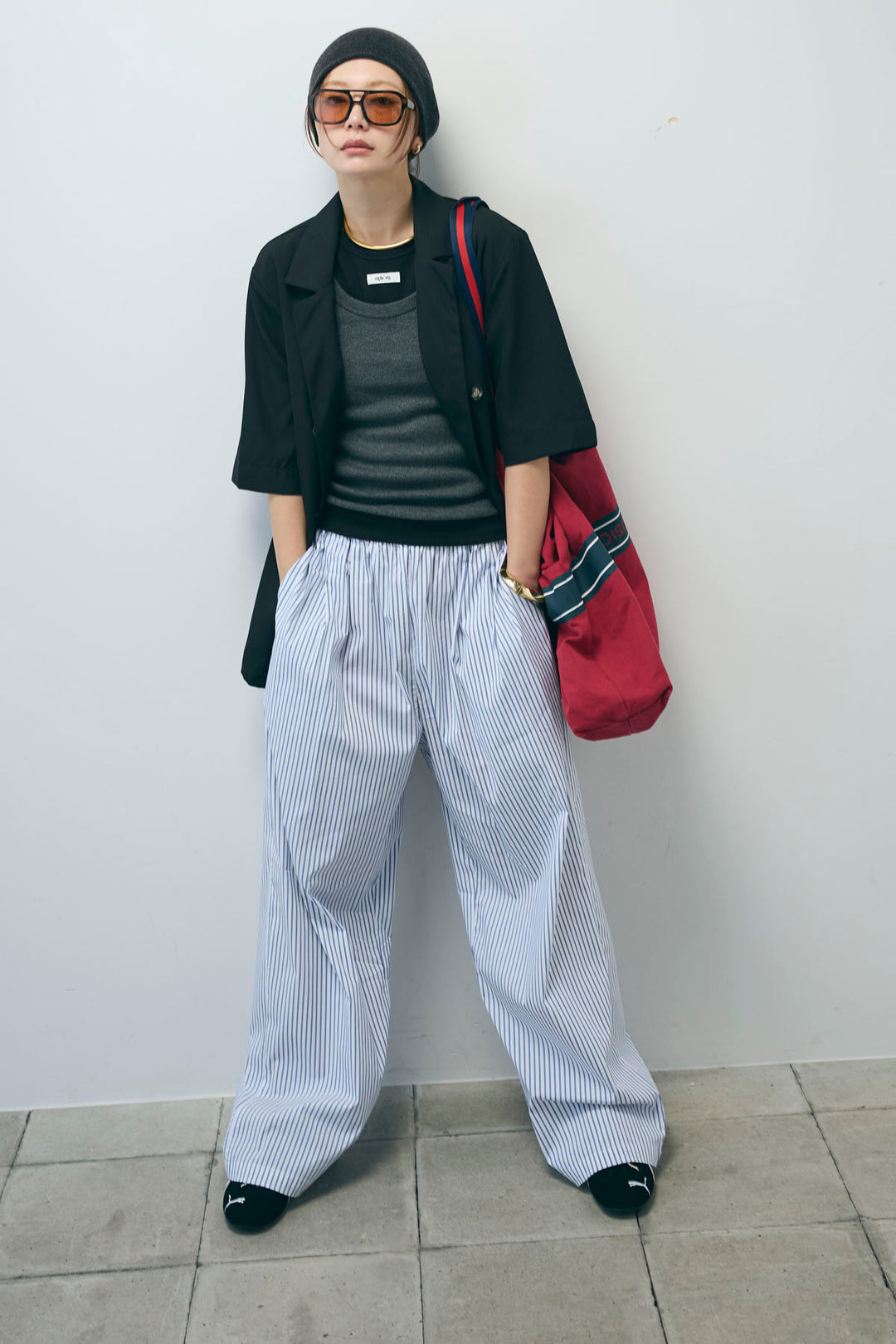 [予約/SET]半袖ダブルテーラードJK+ネーム入りアメスリタンク+テレコベーシックタンク+ストライプ イージー ワイド パンツ(4set)