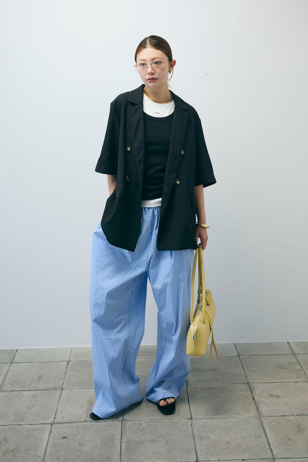 [予約/SET]半袖ダブルテーラードJK+ネーム入りアメスリタンク+テレコベーシックタンク+ストライプ イージー ワイド パンツ(4set)