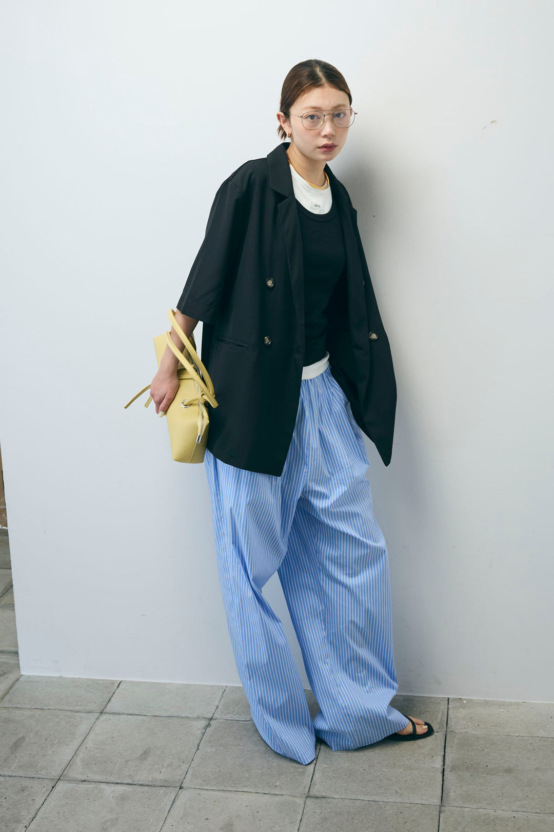 [予約/SET]半袖ダブルテーラードJK+テレコベーシックタンク+ストライプ イージー ワイド パンツ(3set)