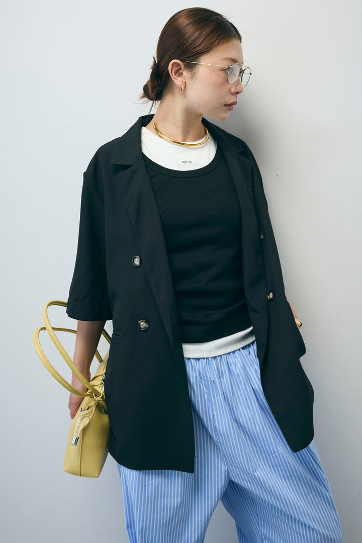 [予約/SET]半袖ダブルテーラードJK+ネーム入りアメスリタンク+テレコベーシックタンク+ストライプ イージー ワイド パンツ(4set)