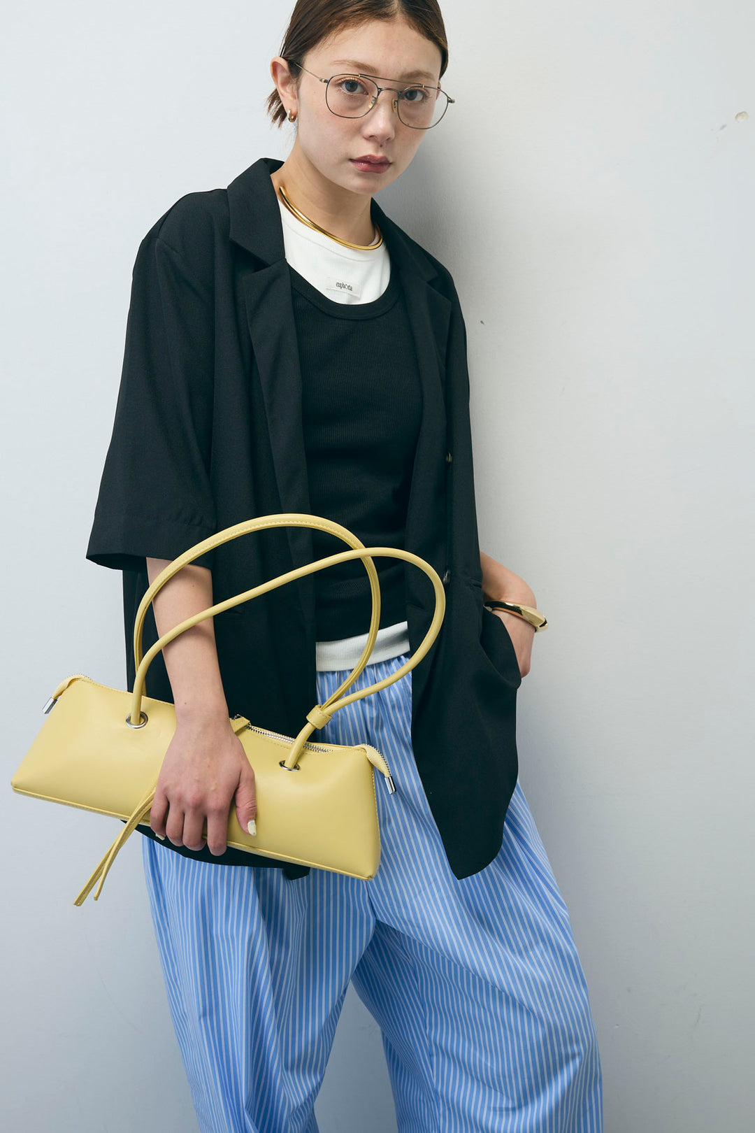 [予約/SET]半袖ダブルテーラードJK+テレコベーシックタンク+ストライプ イージー ワイド パンツ(3set)