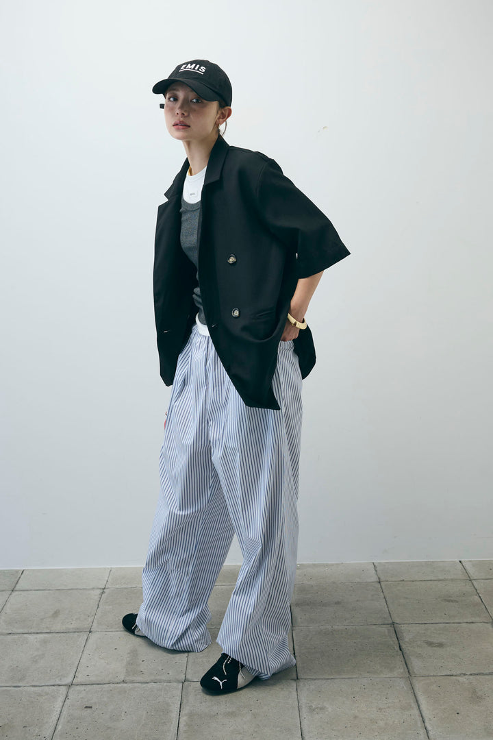 [予約/SET]半袖ダブルテーラードJK+テレコベーシックタンク+ストライプ イージー ワイド パンツ(3set)