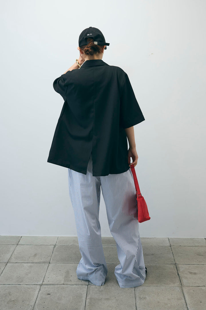 [予約/SET]半袖ダブルテーラードJK+テレコベーシックタンク+ストライプ イージー ワイド パンツ(3set)