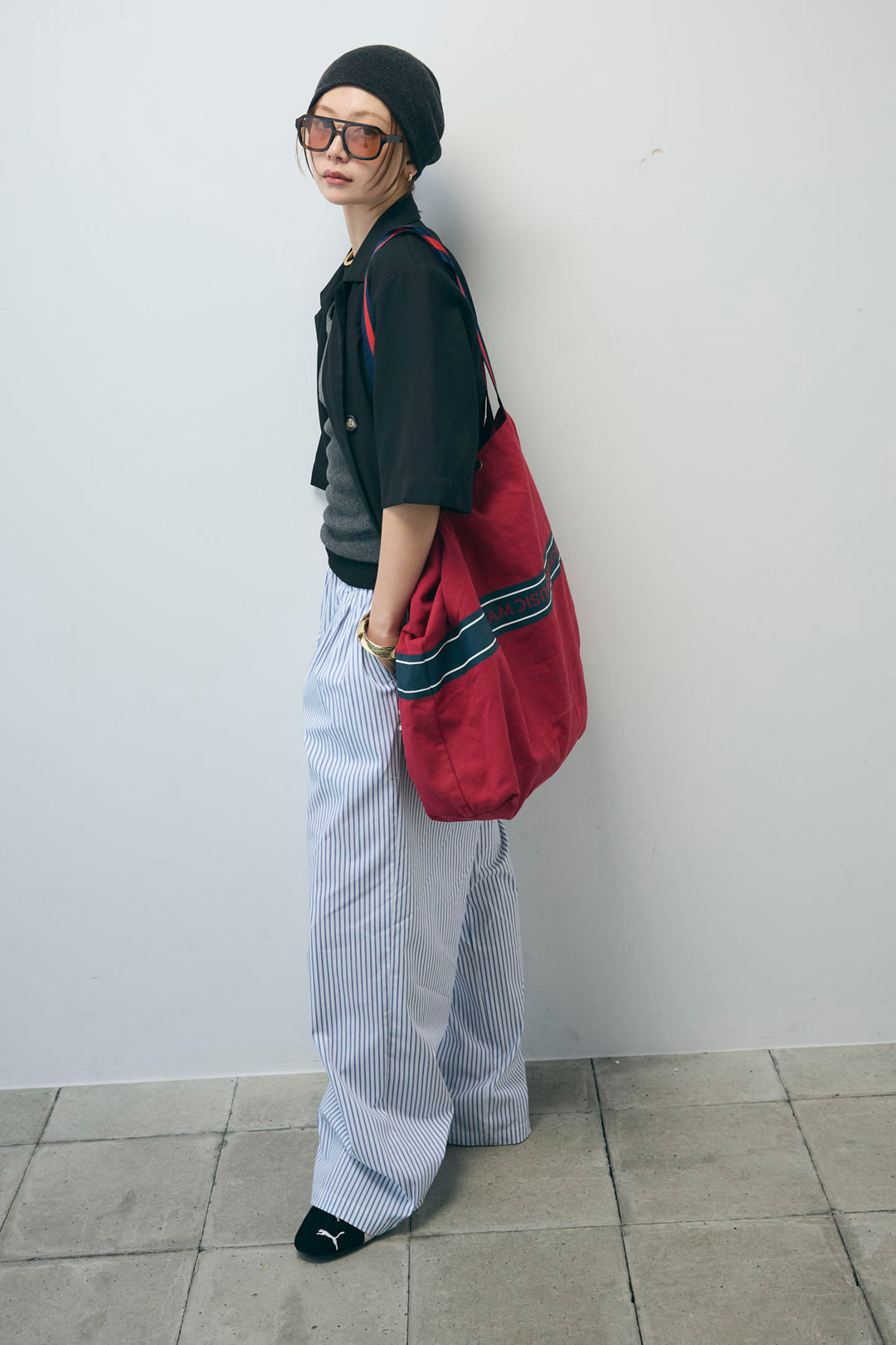 [予約/SET]半袖ダブルテーラードJK+ストライプ イージー ワイド パンツ(2set)