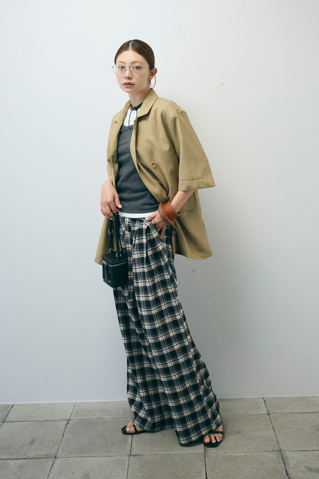 [予約/SET]半袖ダブルテーラードJK+ネーム入りアメスリタンク+テレコベーシックタンク+チェックパンツ(4set)