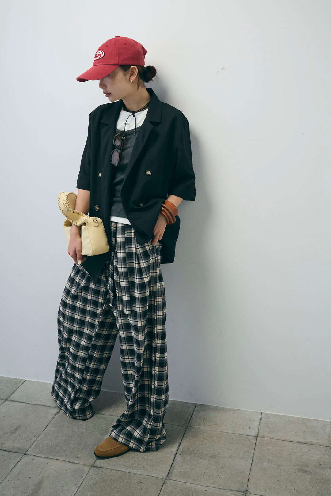 [予約/SET]半袖ダブルテーラードJK+チェックパンツ(2set)