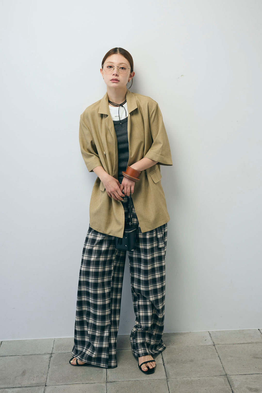 [予約/SET]半袖ダブルテーラードJK+ネーム入りアメスリタンク+テレコベーシックタンク+チェックパンツ(4set)