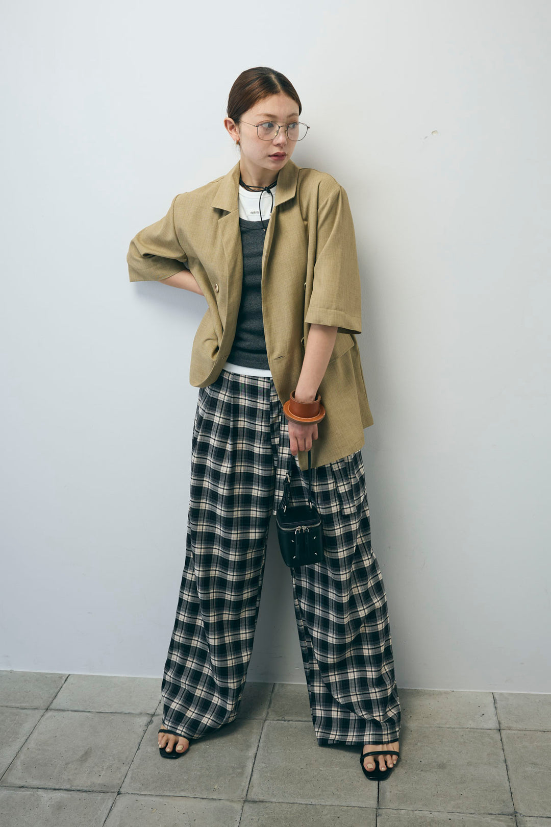 [予約/SET]半袖ダブルテーラードJK+チェックパンツ(2set)