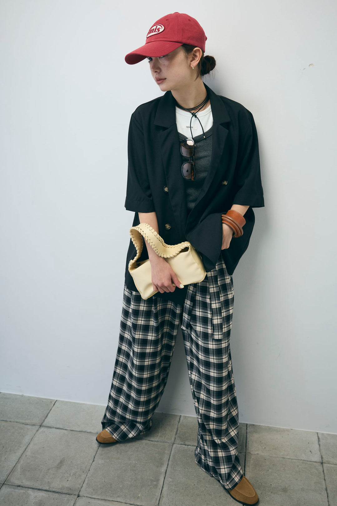 [予約/SET]半袖ダブルテーラードJK+ネーム入りアメスリタンク+テレコベーシックタンク+チェックパンツ(4set)