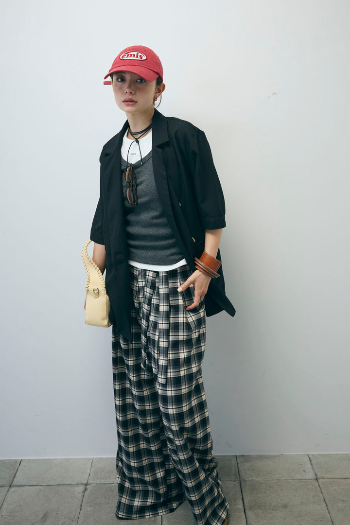 [予約/SET]半袖ダブルテーラードJK+ネーム入りアメスリタンク+テレコベーシックタンク+チェックパンツ(4set)