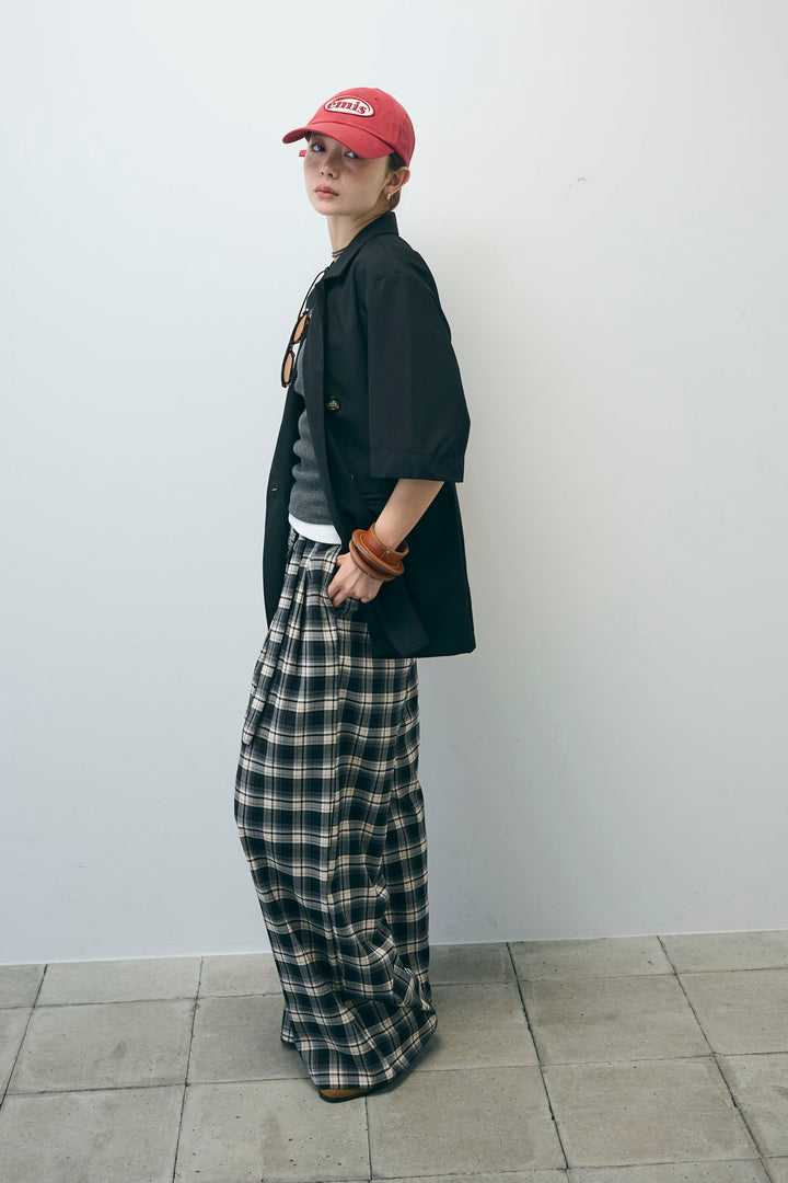 [予約/SET]半袖ダブルテーラードJK+ネーム入りアメスリタンク+テレコベーシックタンク+チェックパンツ(4set)