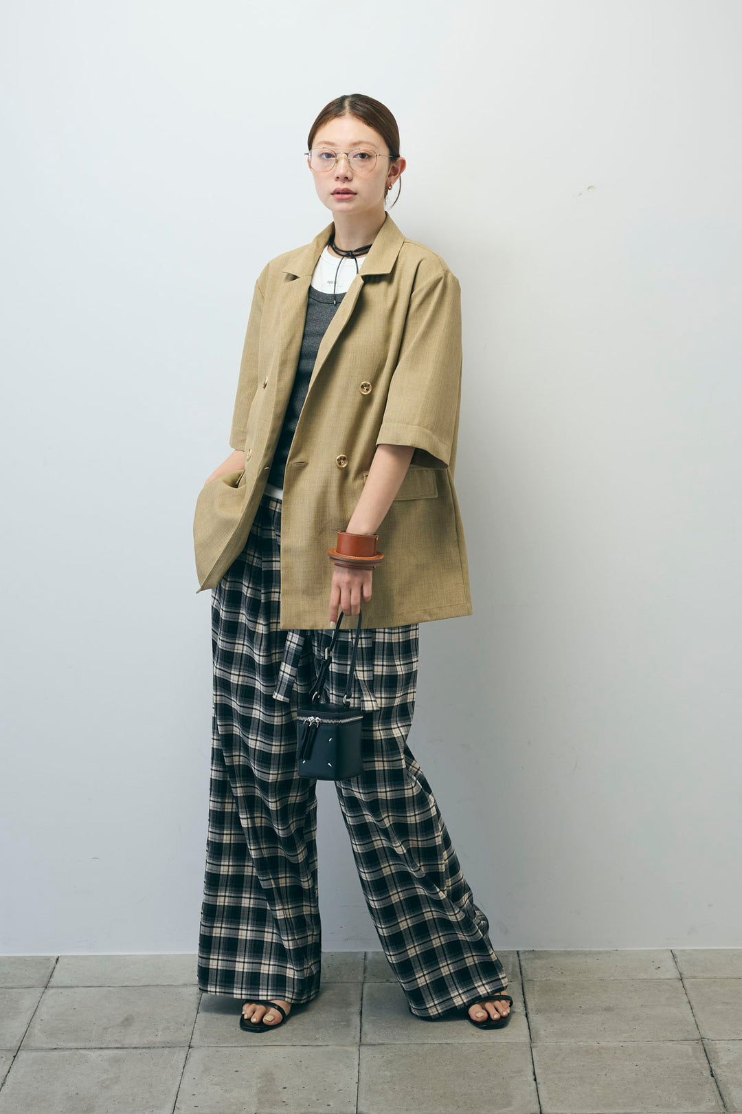 [予約/SET]半袖ダブルテーラードJK+ネーム入りアメスリタンク+テレコベーシックタンク+チェックパンツ(4set)