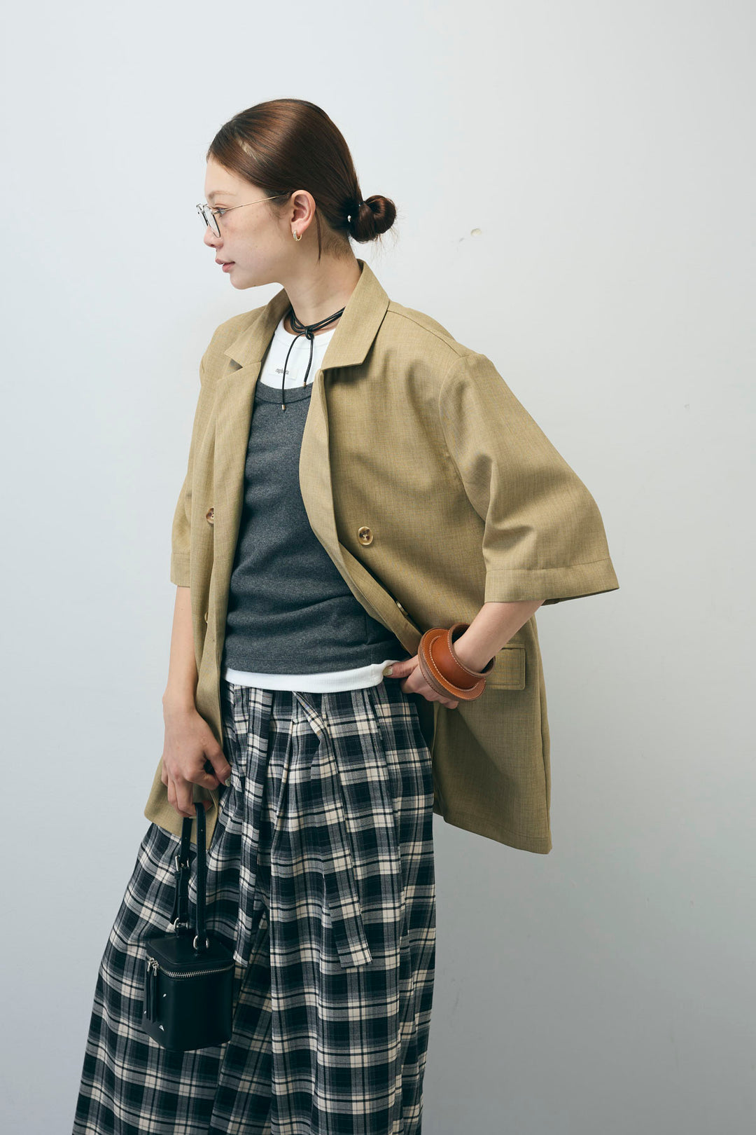 [予約/SET]半袖ダブルテーラードJK+チェックパンツ(2set)