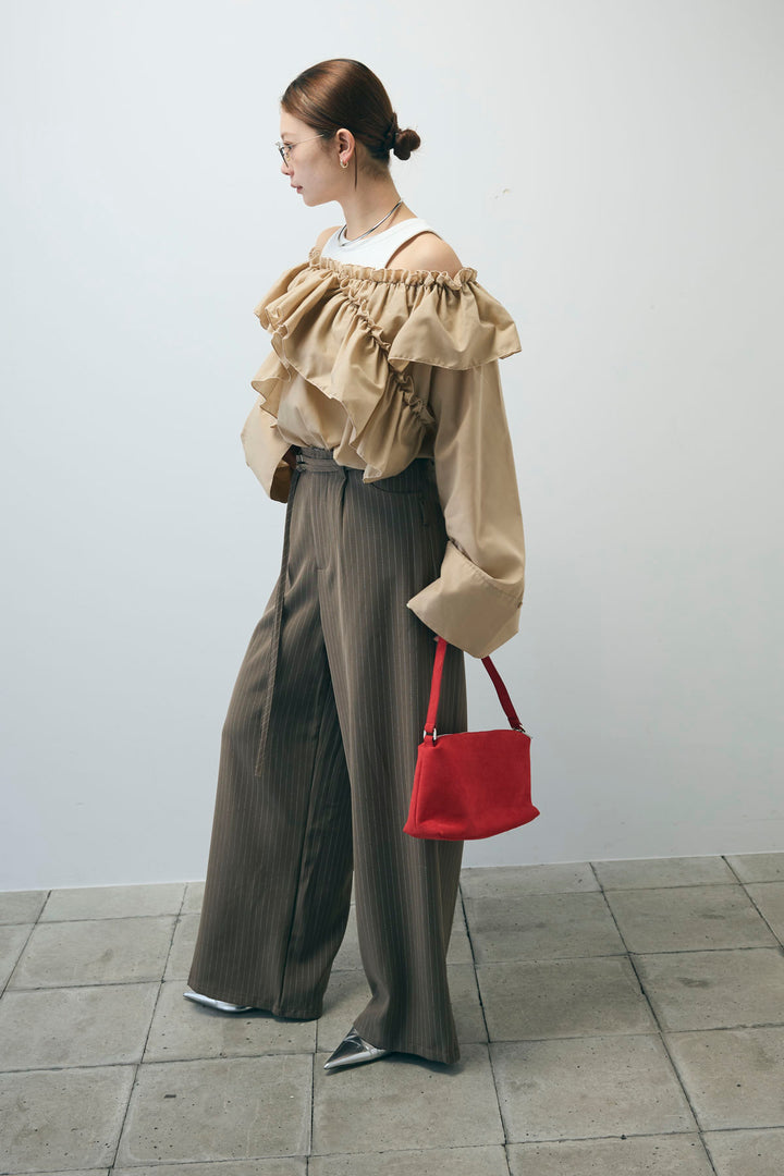 [予約/SET]TCブロード2wayフリルオフショルブラウス+ダブルベルトストライプパンツ(2set)