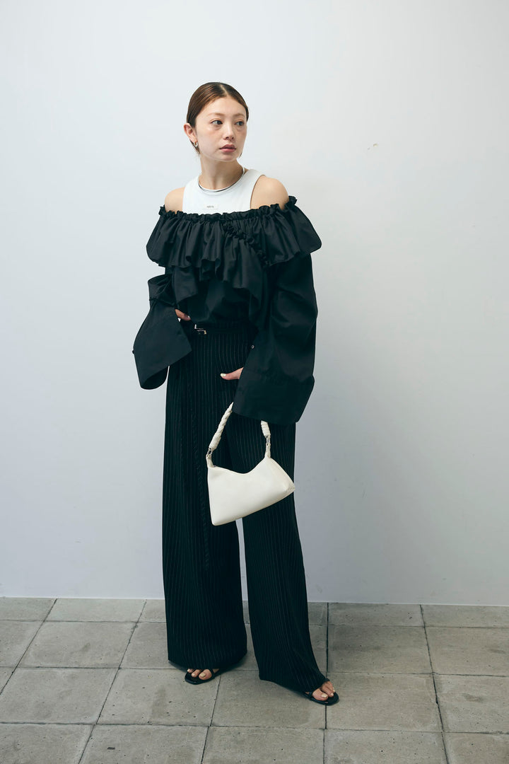 [予約/SET]TCブロード2wayフリルオフショルブラウス+ダブルベルトストライプパンツ(2set)