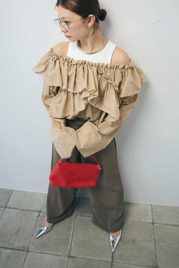 [予約/SET]TCブロード2wayフリルオフショルブラウス+ダブルベルトストライプパンツ(2set)