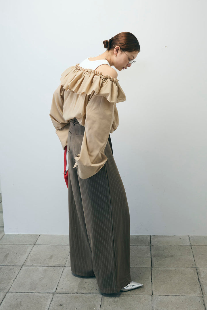 [予約/SET]TCブロード2wayフリルオフショルブラウス+ダブルベルトストライプパンツ(2set)
